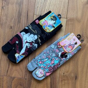 Japanese Geisha Tabi Socks - Black & Gray - Novelty Split-Toe Socks